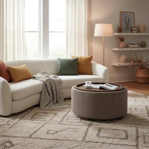 Zihanhome 30 Inch Round Storage Ottoman, Ottoman Coffee Table with Lift Off Lid, Boucle Modern Ottomans with Storage for Living Room, Bedroom, Apartments (Brown) - color: Brown