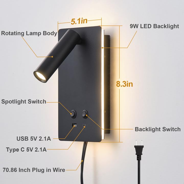 MOLUOLA LED Wall Lamp Wall Mounted Reading Lights, Adjustable Headboard Plug in Wall Sconce with USB C+A Ports, Headboard Bedside Lamp with 9W+3W Night Light 3000K (Black) - color: Black, size: 1 Pack