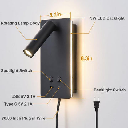 MOLUOLA LED Wall Lamp Wall Mounted Reading Lights Set of 2, Adjustable Headboard Plug in Wall Sconce with USB C+A Ports, Headboard Bedside Lamp with 9W+3W Night Light 3000K (Black) - color: Black, size: 2 Pack