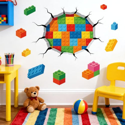 Hole in Wall Building Blocks Wall Decals, Wall Stickers Decor | 2 Sheets 11.8"x37.8" Vinyl Removable Peel and Stick Murals, Plant Decor for Bedroom, Bathroom, Office, Classroom & Home - style: Hole in Wall Building Blocks