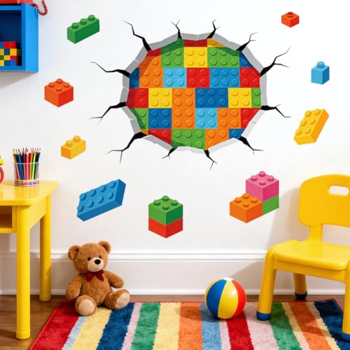 Hole in Wall Building Blocks Wall Decals, Wall Stickers Decor | 2 Sheets 11.8"x37.8" Vinyl Removable Peel and Stick Murals, Plant Decor for Bedroom, Bathroom, Office, Classroom & Home - style: Hole in Wall Building Blocks