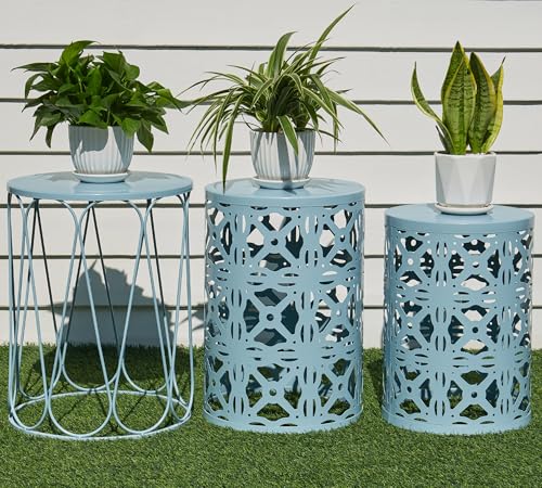 HFHOME Set of 3 Metal Outdoor Side Table, Nesting Round Coffee Table for Indoor Outdoor, Heavy Duty End Tables Plant Stand Living Room Garden Stool - Blue - color: Glossy Blue