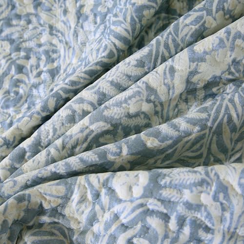 DURLENGEN Quilt Set Queen Size 3Pcs, Bluish Grey Printed with Beige Leaves Pattern,Soft Microfiber Lightweight Bedspread for All Season Layering(Queen 90x96,Beige Botanical) - color: Beige Botanical, size: Queen(90" x 96")