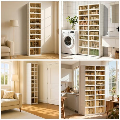 Foldable Shoe Organizer Storage Box, Portable Extra Large Folding Shoe Rack for Closet, Shoe Storage Box with Magnetic Transparent Door and Wheels, 9 Layers 18 Grids with 4 Big Grids - size: White 9 Layers-C