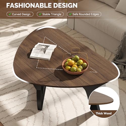 Modern Wood Coffee Table, Triangle Center Table with Premium Wooden Top& Unique Base, 35.5” Small Mid Century Tea Tables for Living Room, Apartment, Office,Walnut & Black - color: Walnut & Black, size: Medium 35.5*25.5*15.7in