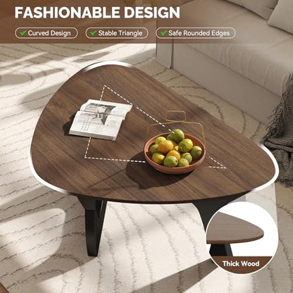 Modern Wood Coffee Table, Triangle Center Table with Premium Wooden Top& Unique Base, 35.5” Small Mid Century Tea Tables for Living Room, Apartment, Office,Walnut & Black - color: Walnut & Black, size: Medium 35.5*25.5*15.7in