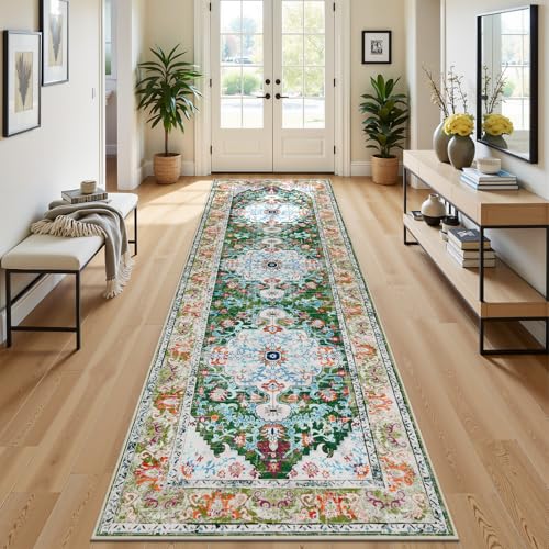 U'Artlines 3'x10' Boho Hallway Runner Rug Non Slip Washable Runners,Green | Vintage Farmhouse Kitchen Rug Accent Area Carpet for Entryway Laundry and Living Room - color: Green, size: 3' x 10' (Runner)