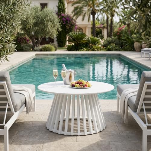 HNY White Round Coffee Table, Wood 31.5" Center Table for Living Room | Modern Mid Century Circle Coffee Table with Fluted Base for Outdoor Patio, Home Small Space, Bedroom, Apartment, Studio - color: White
