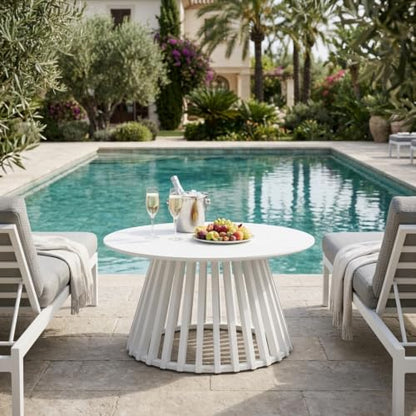 HNY White Round Coffee Table, Wood 31.5" Center Table for Living Room | Modern Mid Century Circle Coffee Table with Fluted Base for Outdoor Patio, Home Small Space, Bedroom, Apartment, Studio - color: White