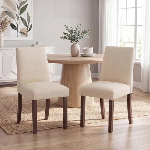 Fabric Upholstered Dining Chairs Set of 2, Parsons Chairs for Small Space | Mid Century Dining Room Chairs with Wooden Legs for Restaurant & Cafe, Beige - color: Beige, size: Set of 2