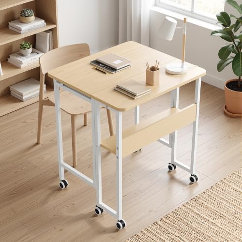 VECELO Folding Desk with Upgraded Wheels, 24.8 Inch Rolling Computer Table with Storage Shelf, Space Saving Sofa Table, Portable Mobile Workstation Small Spaces, Easy Assembly, Light Oak - color: Light Oak