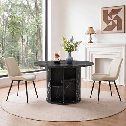 3-Piece Round Dining Table Set for 2, 47-Inch Modern Faux Marble Dining Table with Half-Open Storage Shelf, Upholstered Dining Chairs with Thick Cushions (Black Faux Marble Table + 2 Beige Chairs) - color: Black Faux Marble Table + 2 Beige Chairs-196, siz