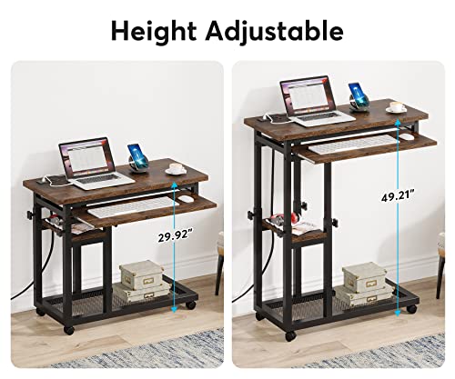 Tribesigns Small Portable Desk with Power Outlet, Height Adjustable Sofa Couch Bedside Laptop Table with Wheels, Mobile Standing Desk Rolling Computer Cart C Side Table with USB Ports - color: Brown