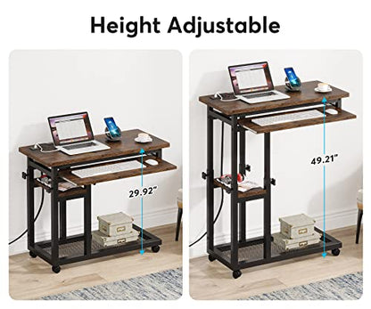 Tribesigns Small Portable Desk with Power Outlet, Height Adjustable Sofa Couch Bedside Laptop Table with Wheels, Mobile Standing Desk Rolling Computer Cart C Side Table with USB Ports - color: Brown