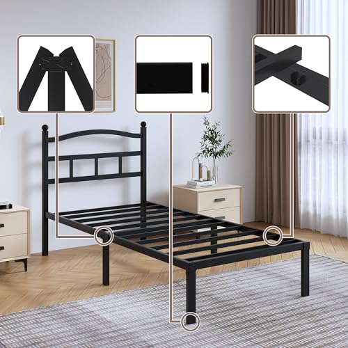 SHOANED 14 Inch Metal Bed Frame - Twin Size Heavy Duty Bedframe with Headboard Black Basic Steel Slats Platform No Box Spring Needed/Easy Assembly/Noise Free - size: Twin, style: 14 Inch with Headboard