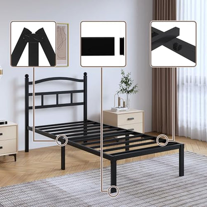SHOANED 14 Inch Metal Bed Frame - Twin Size Heavy Duty Bedframe with Headboard Black Basic Steel Slats Platform No Box Spring Needed/Easy Assembly/Noise Free - size: Twin, style: 14 Inch with Headboard