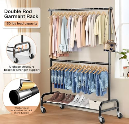 MISSLO Heavy Duty Clothing Racks for Hanging Clothes Rack Double Rod Garment Rack Rolling Closet Wardrobe Rack on Wheels, Metal, Adjustable, Black - color: Black