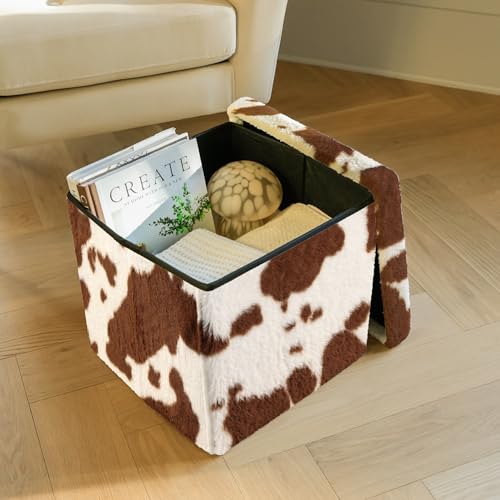 Luxe Faux Fur Storage Ottoman, Cowhide Brown/White, 15 x 15 x 15 in | Engineered Wood, Tool-Free Assembly, Modern Style, Seat And Footrest - color: Cowhide Brown/White, size: 15"D x 15"W x 15"H