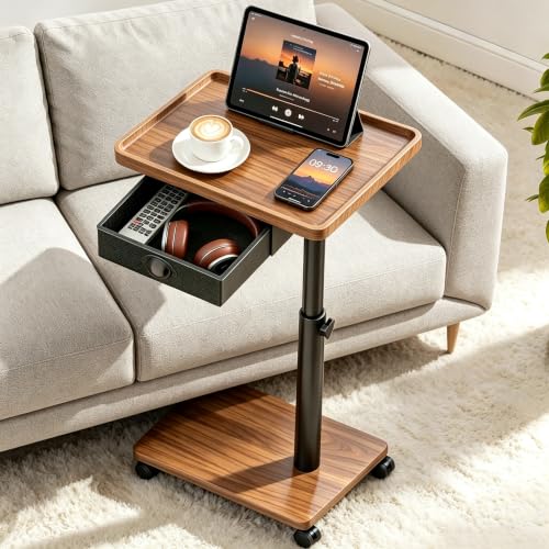 Cutogxon TV Tray Table with Wheels & Drawer,Adjustable Height C Shaped End Table for Eating,End Table with Swivel Top for Small Spaces, Sofa Side Table for Bedroom & Living Room（Walnut Brown）