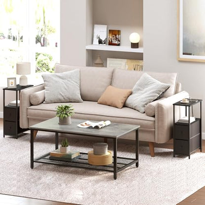 TUTOTAK Narrow End Table with Charging Station, Skinny Side Table | Bedside Table with Outlets, Nightstand with 2 Cloth Drawers, Couch Table for Living Room, Bedroom, Black TB01BK055 - color: Black, style: 2 Drawers & Plug