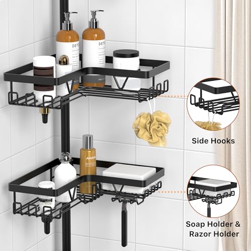 KEGII Corner Shower Caddy Tension Pole, 6-Tier Bathroom Organizer, Black | Floor to Ceiling Design with Rustproof Waterproof Finish, Adjustable 25-114.2 inch Pole for Shampoo, Towels and Essentials