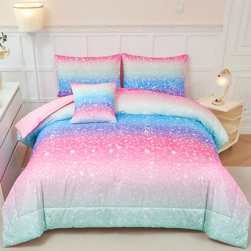 Blue Green Twin Comforter Set for Girls, 6 Pcs Colorful Rainbow Kids Bedding Sets, Tie Dye Ombre Twin Comforter Set with Sheets, Gradient Glitter Bed Sets for Bedroom Decoration - color: Pink Blue and Purple, size: Twin