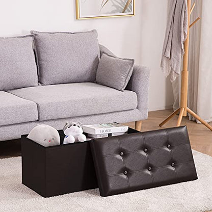 Youdesure Folding Storage Ottoman Bench, 30 inch Faux Leather Footrest Couch for Living Room, Storage Bench with Padded Seat for Bedroom Hallway, Holds up to 350lbs, Brown | Foldable ottoman with hidden storage, padded seat and sturdy MDF frame for everyd