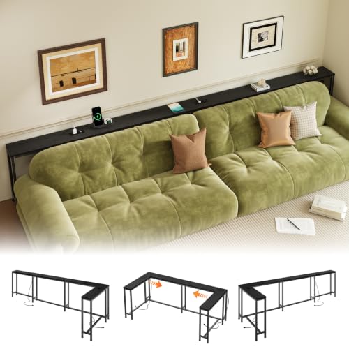 110.2" Narrow Adjustable Console Table with 2 Outlets, 39.3"-51.2" Adjustable Length U Shaped Table Behind Couch, 4 Assembly Options, Extra-Long L Shaped Entryway Tables for Living Room, - color: Black