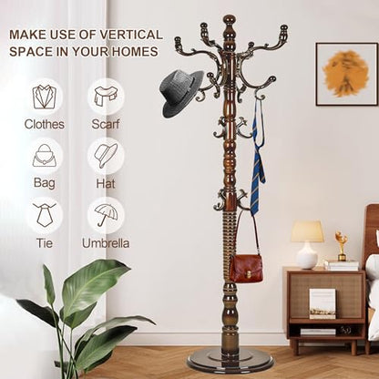 Wooden Coat Rack Freestanding with 18 Hooks, Adjustable Height Coat Tree Free Standing Heavy Duty for Entryway, Easy Assembly Solid Wood Sturdy Coat Hats Hanger Stand for Office Hallway Bedroom - color: Brown-Resin Hook