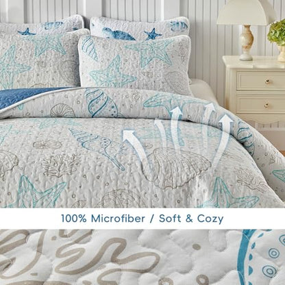 Coastal Quilt Sets Twin Size - Reversible Microfiber Ocean Style with Starfish Scallop Shell Soft Beach Bedding Nautical Bedspread Coverlet Summer Comforter with 1 Sham - color: Starfish, size: Twin-68x86 in