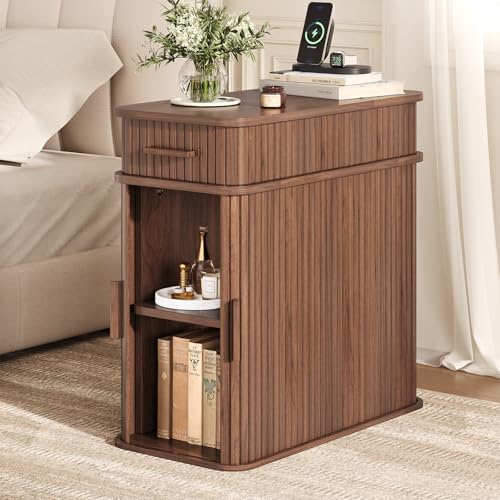 Side End Table with Charging Station, Slim Nightstand with Drawer, Mid-Century Wood Skinny Bedside Table with Storage, Narrow Side Tables for Small Space Living Room Bedroom Office Sofa Couch Walnut - color: Walnut