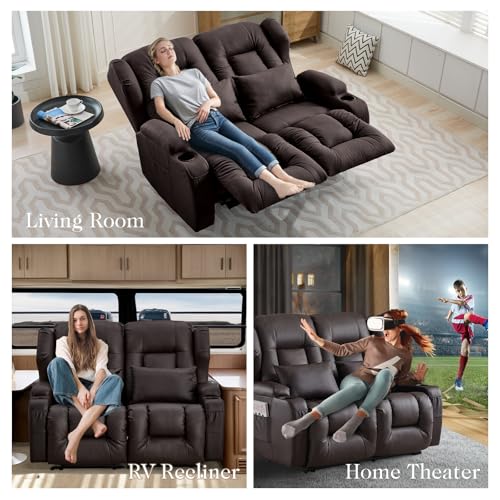 Loveseat Recliner Sofa,RV Wall Hugger Recliners for Small Spaces,Reclining Loveseat Sofa Recliner with Cup Holders/Lumbar Pillows,RV Furniture (Brown, 56" 2-Seater) - color: Brown, size: 56" 2-Seater