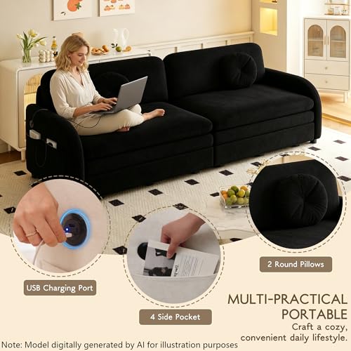 65.4'' Queen Size Sleeper Sofa Bed, 3-in-1 Pull Out Chenille Couch, Black | Cozy Curved Armrest, Loveseat with USB, 2 Round Pillows, Washable Cover, Pocket, for Living Room, Apartment, Small Spaces, RV - color: Black, size: 65.4'' Queen