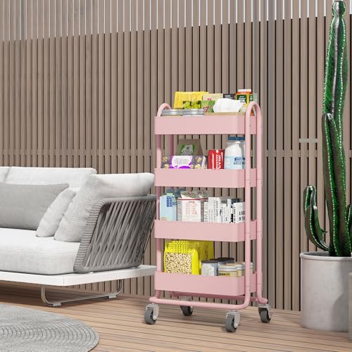 4 Tier Metal Rolling Cart Pink Utility Cart with Wheels,Rolling Pink Cart for Office,Home,Kitchen,Garden（13.4"x18.1"x40"） - color: Pink, size: 40"H