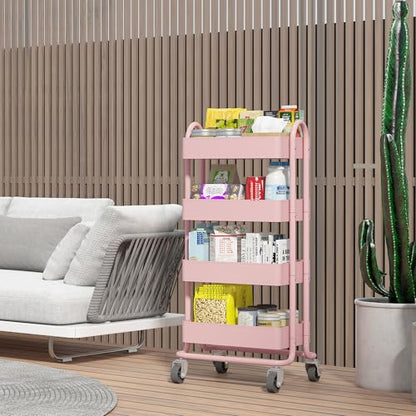 4 Tier Metal Rolling Cart Pink Utility Cart with Wheels,Rolling Pink Cart for Office,Home,Kitchen,Garden（13.4"x18.1"x40"） - color: Pink, size: 40"H