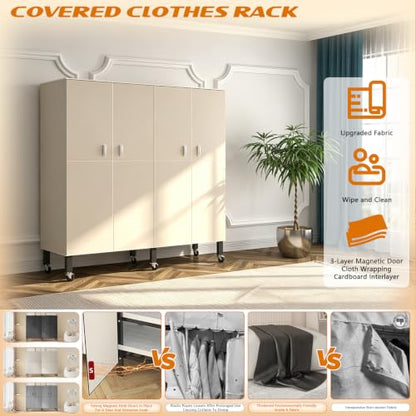 Portable Closet with Drawers Heavy Duty with Cover, KT-white L:59in/150cm - color: Kt Off-white, size: L:59in/150cm