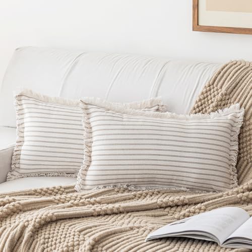 YEENAASY Throw Pillow Covers 12x20 Boho Striped Pillow Cases with Tassel | Set of 2 Fringe Pillow Cover Farmhouse Cushion Covers Neutral Pillows Decorative Lumbar Pillowcase for Couch Sofa Bed, Khaki - color: Khaki, size: 20" x 12" (Pack of 2)