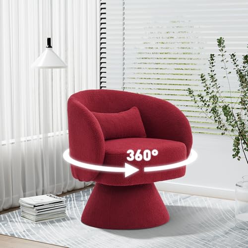 Swivel Barrel Chair Set of 2 , 360 Degree Small Accent Chair, Boucle Red | Modern 360 Degree Swivel Barrel Chair Set, Comfy Small Vanity Accent Chair with Pillow for Living Room,Bedroom,Office - color: Red
