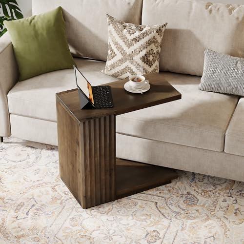Solid Wood Side Table, C-Shaped Narrow End Table with Storage | 2-Tier Farmhouse Bed Side Table with Fluted Panels, Wood Nightstand for Bedroom, Living Room, Small Spaces, Dark Brown - color: Dark Brown
