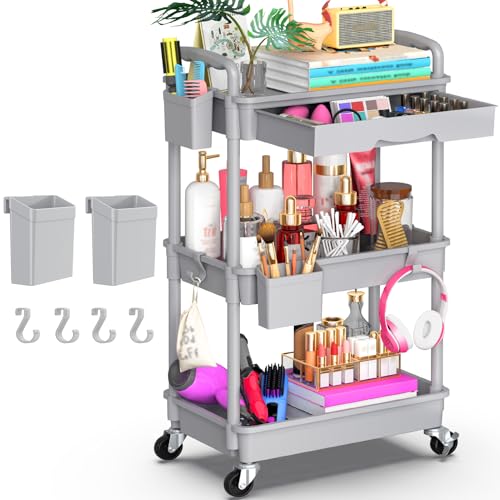 Goovilla 3 Tier Rolling Utility Cart Organizer with Removable Drawer, Grey | Stable and Sturdy Rolling Storage Carts with 2 Lockable Wheels for Bathroom, Kitchen, Snack, Craft, Makeup, Baby Essentials - size: 3 Tier, style: Gray