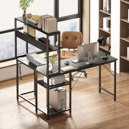 Sweetcrispy 53" Computer Desk, L Shaped Corner Gaming Desk, Power Outlet | Reversible Corner Computer Table, Adjustable Shelf CPU Stand, CPU Stand Hook, Home Office, Black - size: 53 Inch