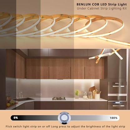 BENLUN 12V COB LED Under Cabinet Strip Lighting Cuttable 32.8ft for Kitchen | 3000K Warm White LED Strip Lights Dimmable Adhesive 8W/M CRI 93 with Dimmer and Power Supply for Bookcase Shelf Display - color: Warm White 3000K