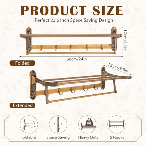 Brass Foldable Towel Rack with Hooks, Foldable Wall Mounted Bathroom Shelf Towel Bars Antique Gold Aluminum Rail Holder for Bathroom, Entryway, and Kitchen(2-Tier Vintage Style,24") - size: 24", style: 2-tier Vintage Style
