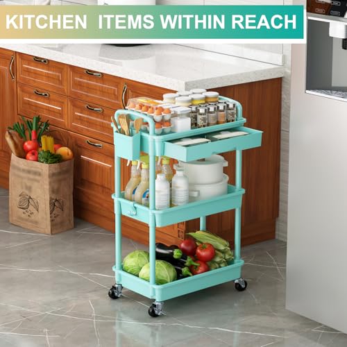 Goovilla 3 Tier Rolling Utility Cart Organizer with Removable Drawer, Blue | Stable and Sturdy Rolling Storage Carts with 2 Lockable Wheels for Bathroom, Kitchen, Snack, Craft, Makeup, Baby Essentials - size: 3 Tier, style: Blue