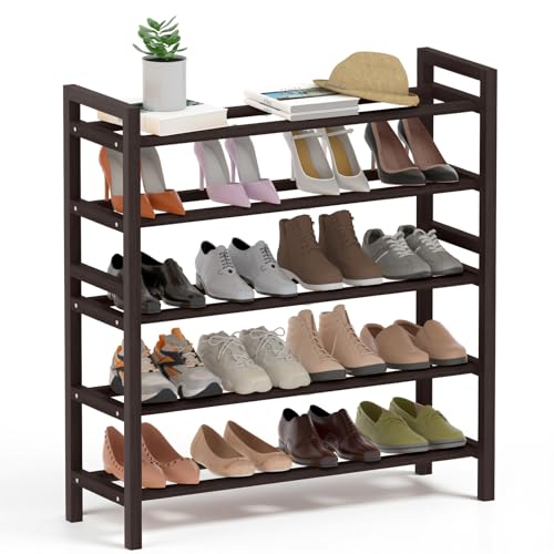 Bamboo Shoe Rack for Closet, Free Standing Shoe Organizer, Brown, 5-Tier | with Smooth Round Rods & Convenient Handles, Stackable Shoe Storage Shelf for Entryway, Hallway - color: Brown, size: 5-Tier_Standard