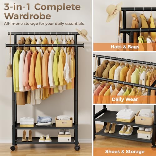 Double Rod Clothing Rack with 2 Shelves, Rolling, Black | All tools included, metal frame, 4 casters with 2 locking, for bedroom, laundry, and entryway - color: Black