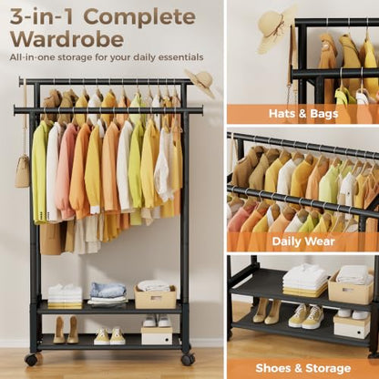 Double Rod Clothing Rack with 2 Shelves, Rolling, Black | All tools included, metal frame, 4 casters with 2 locking, for bedroom, laundry, and entryway - color: Black