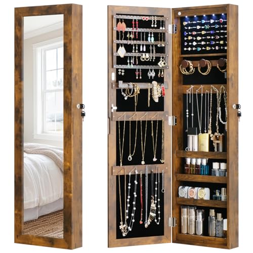 Full Length Mirror Jewelry Cabinet Organizer Lockable Door Wall-Mounted Jewelry Armoire with Shelves and Behind the Door Storage Rustic Brown - color: Rustic Brown, size: 43.3*12.4 Standard Mirror