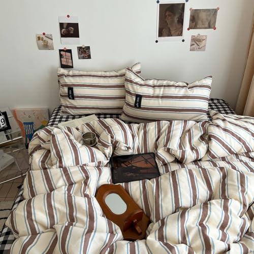 Striped Duvet Cover Twin Size Brown Blue Stripes Bedding Set Retro Striped Geometric Pattern Duvet Cover Set Soft Lightweight Microfiber Quilt Cover with Zipper Closure and 1 Pillowcase - color: Brown Blue Striped, size: Twin (1 Duvet Cover + 1 Pillowcase