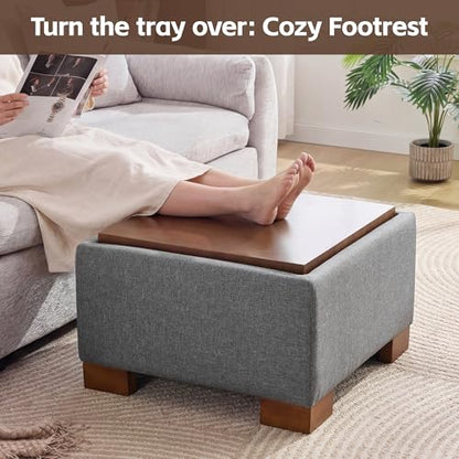 WUTUTUEE 24" Square Ottoman Coffee Table with Storage, Fabric Ottomans with Tray and Solid Wood Legs for Living Room, Bedroom and Apartments, Small Modern Ottoman Tea Table with Lift-Off Lid, Grey - color: 24'' Grey Fabric